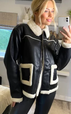 Promo ???? ANGELEYE Faux Leather Aviator Jacket In Black With White Teddy Faux Fur Lining ????