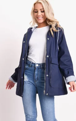 Best Pirce ✔️ LILY LULU FASHION Waterproof Hooded Rain Mac In Navy Blue ????