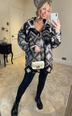 Best Pirce ???? HOXTON GAL Oversized Long Sleeves Wool ???? Coat With Pocket Details In Brown ????