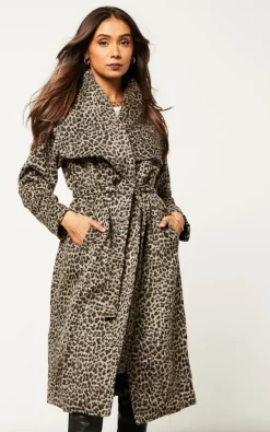 Best Pirce ???? Religion Long Line Waterfall Animal Print Wool Mix ???? Coat With Belt ????