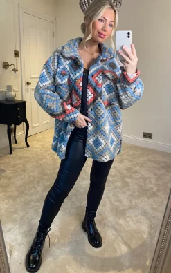 Best deal ???? HOXTON GAL Oversized Long Sleeves Wool ???? Coat With Pocket Details In Blue And Pink ????