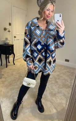 Best Pirce ???? HOXTON GAL Oversized Long Sleeves Wool ???? Coat With Pocket Details In Blue And Brown ????