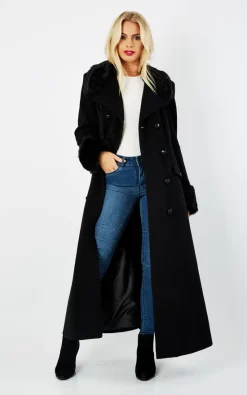 Deals ???? De La Creme Fashions Alexa Black Military Faux Fur Trim Maxi ???? Coat ????