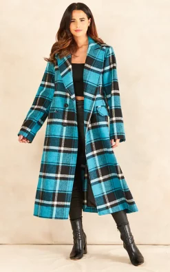 New ???? Chekani Double Breasted Long ???? Coat In ???? Coat In Blue Black Check ????