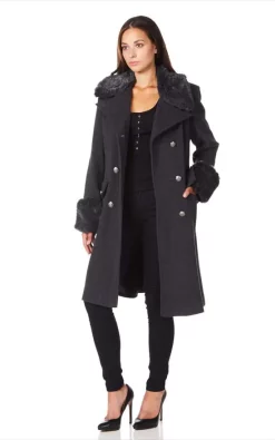 New ❤️ De La Creme Fashions Donna Grey Military Faux Fur Trim Midi ???? Coat ????