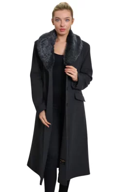 Outlet ???? De La Creme Fashions Cassandra Grey Wool Blend Faux Fur Collar Long ???? Coat ⌛