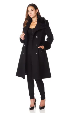 Best Sale ???? De La Creme Fashions Donna Black Military Faux Fur Trim Midi ???? Coat ????