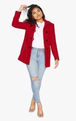 Deals ???? De La Creme Fashions Red Wool Blend Contrast Trim ???? Coat ????