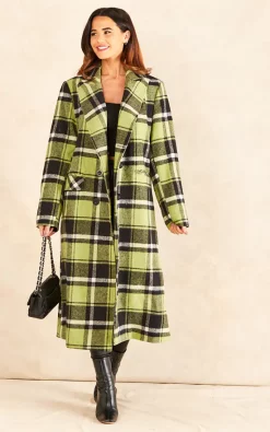 Deals ???? Chekani Double Breasted Long ???? Coat In ???? Coat In Green Black Check ????