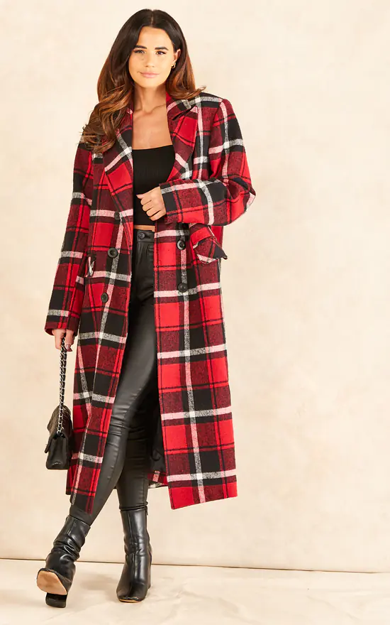 Top 10 ???? Chekani Double Breasted Long ???? Coat In Red Black Check ???? 3 Top 10 ???? Chekani Double Breasted Long ???? Coat In Red Black Check ????