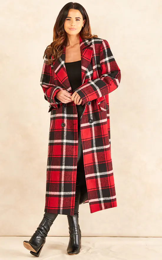 Top 10 ???? Chekani Double Breasted Long ???? Coat In Red Black Check ???? 4 Top 10 ???? Chekani Double Breasted Long ???? Coat In Red Black Check ???? - Image 2