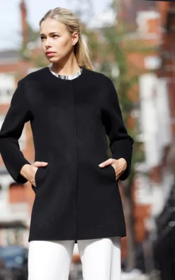 Cheap ???? FS Collection Black Crew Neck Wool ???? Coat ????