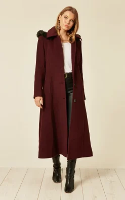 Promo ???? De La Creme Fashions Chantelle Wine Faux Fur Trim Hooded Long ???? Coat ????