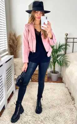 Best Pirce ✨ Hearts And Roses London Pink Faux Leather Biker Jacket ???? -De La Creme Fashions Shop unnamed file 189