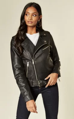 Promo ???? BARNEYS ORIGINALS Black Leather Biker Jacket With Belt At Hem ????
