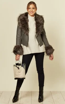 Flash Sale ???? LOES House Faux Fur Biker Leather Jacket In Grey ❤️