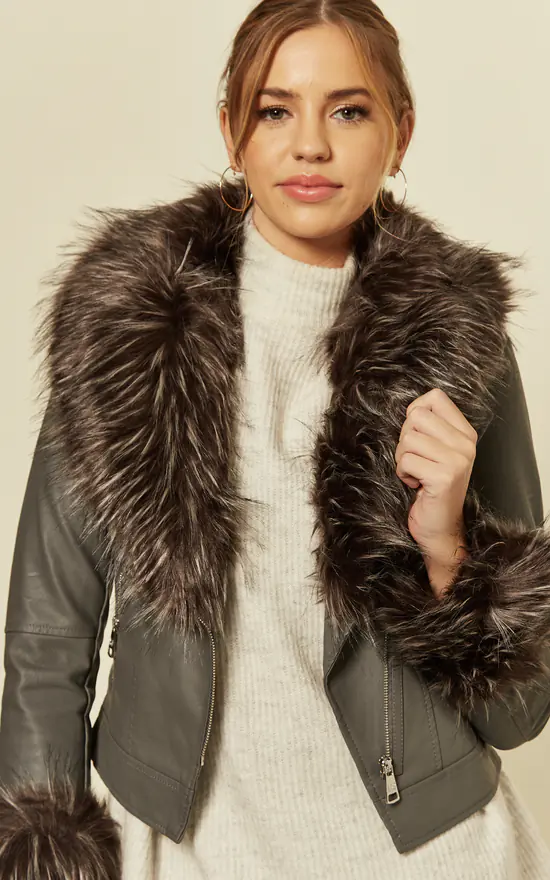 Flash Sale ???? LOES House Faux Fur Biker Leather Jacket In Grey ❤️ 6 Flash Sale ???? LOES House Faux Fur Biker Leather Jacket In Grey ❤️ - Image 4