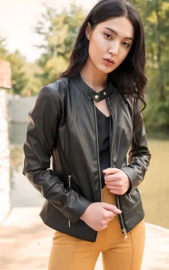 Promo ???? Lanti Collarless Zip Up Biker Jacket In Black ❤️