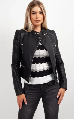 Discount ???? IKRUSH Casey Quilted Sleeve Faux Leather Biker Jacket In Black ????