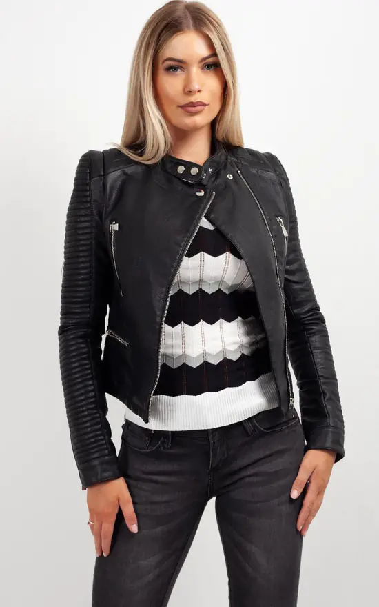 Discount ???? IKRUSH Casey Quilted Sleeve Faux Leather Biker Jacket In Black ???? 3 Discount ???? IKRUSH Casey Quilted Sleeve Faux Leather Biker Jacket In Black ????