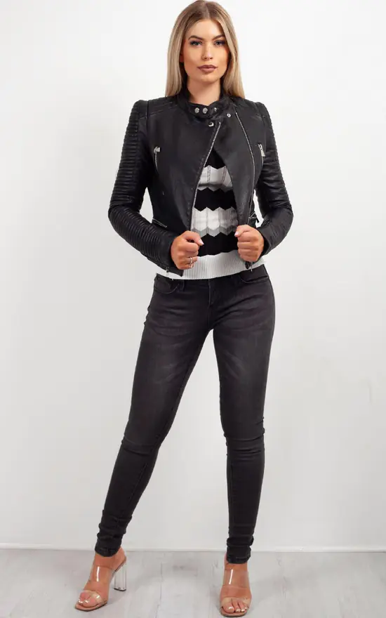 Discount ???? IKRUSH Casey Quilted Sleeve Faux Leather Biker Jacket In Black ???? 4 Discount ???? IKRUSH Casey Quilted Sleeve Faux Leather Biker Jacket In Black ???? - Image 2