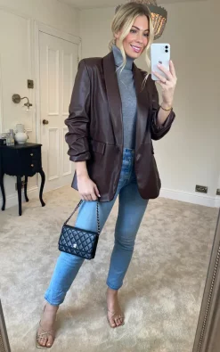 Hot Sale ???? KURT MULLER Chocolate Brown Leather Look Rouched Sleeve Blazer ✨