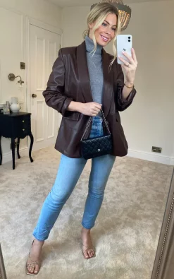 Hot Sale ???? KURT MULLER Chocolate Brown Leather Look Rouched Sleeve Blazer ✨ -De La Creme Fashions Shop unnamed file 234