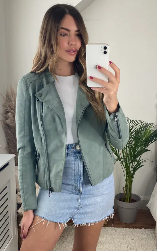 Hot Sale ???? ONLY Faux Leather Biker Jacket In Green ???? 3 Hot Sale ???? ONLY Faux Leather Biker Jacket In Green ????