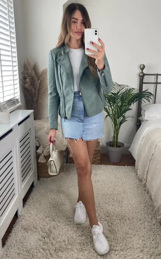 Hot Sale ???? ONLY Faux Leather Biker Jacket In Green ???? 4 Hot Sale ???? ONLY Faux Leather Biker Jacket In Green ???? - Image 2