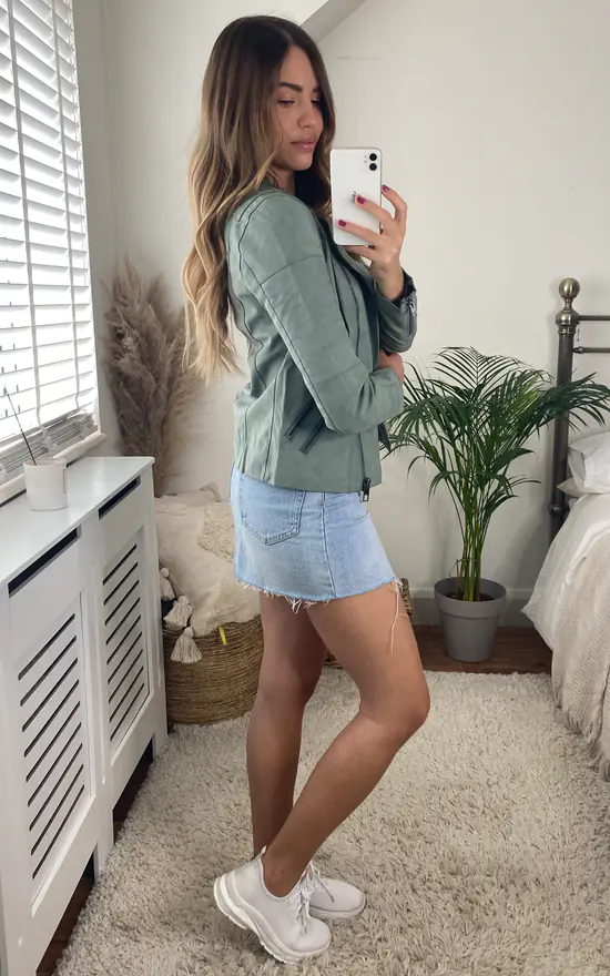 Hot Sale ???? ONLY Faux Leather Biker Jacket In Green ???? 5 Hot Sale ???? ONLY Faux Leather Biker Jacket In Green ???? - Image 3