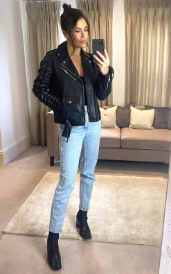 Best Sale ???? BARNEYS ORIGINALS Leather Biker With Lace Sleeves ????