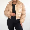 New ❤️ LILY LULU FASHION Pu Panelled Long Sleeve Elasticated Hem Puffer Jacket Brown ✨