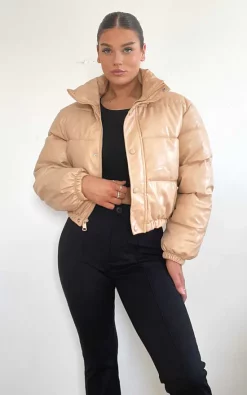 New ❤️ LILY LULU FASHION Pu Panelled Long Sleeve Elasticated Hem Puffer Jacket Brown ✨