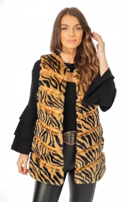 Top 10 ???? LOES House Zebra Print Chevron Soft Faux Fur Leather Panel Gilet In Camel ????