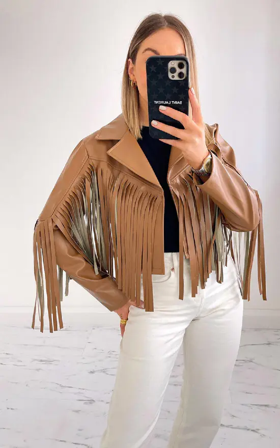 Top 10 ???? IKRUSH Dolly Faux Leather Fringed Cropped Jacket In Camel ???? 3 Top 10 ???? IKRUSH Dolly Faux Leather Fringed Cropped Jacket In Camel ????