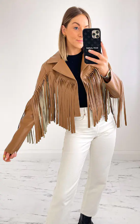 Top 10 ???? IKRUSH Dolly Faux Leather Fringed Cropped Jacket In Camel ???? 4 Top 10 ???? IKRUSH Dolly Faux Leather Fringed Cropped Jacket In Camel ???? - Image 2
