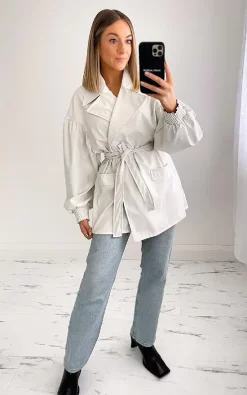 Wholesale ???? IKRUSH Amira Faux Leather Belted Jacket With Cuff Sleeves In White ????