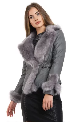 Buy ???? LOES House Faux Fur Leather Jacket With Tie In Grey ????