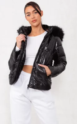 Flash Sale ???? Boutique Store Black Pu Reversible Faux Fur Hooded Puffer Jacket ????