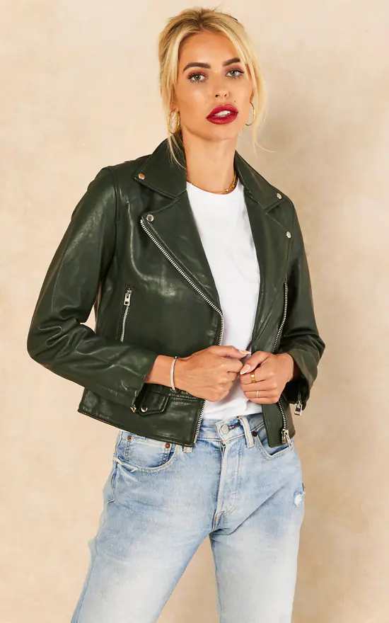 Buy ???? BARNEYS ORIGINALS Green Leather Biker Jacket ???? 4 Buy ???? BARNEYS ORIGINALS Green Leather Biker Jacket ???? - Image 2