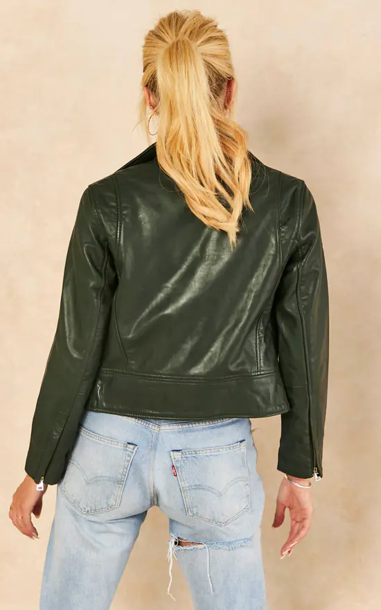 Buy ???? BARNEYS ORIGINALS Green Leather Biker Jacket ???? 5 Buy ???? BARNEYS ORIGINALS Green Leather Biker Jacket ???? - Image 3