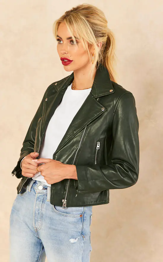 Buy ???? BARNEYS ORIGINALS Green Leather Biker Jacket ???? 6 Buy ???? BARNEYS ORIGINALS Green Leather Biker Jacket ???? - Image 4