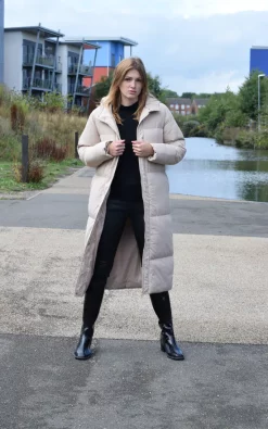 Brand new ???? Spindle Boutique ???? Womens Maxi Long Hooded Puffer Quilted Parka ???? Coat Extra Long | Ladies Full Length Winter Jacket With Hood Beige Taupe Stone Tan ????