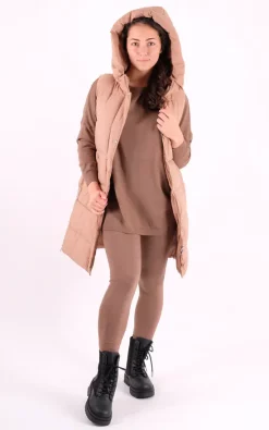 Discount ???? Pinstripe Quilted Gilet With Hood In Beige ⭐