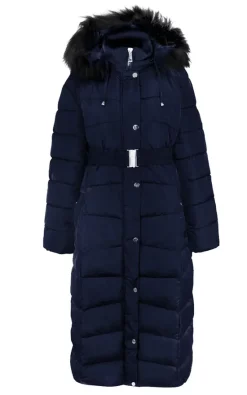 Hot Sale ???? Where's That From Adele Plus Size Long Quilted Padded Winter Jacket Hooded Long ???? Coat Faux Fur Trim Hood Puffer In Navy ????