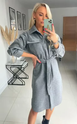 Best reviews of ???? IKRUSH Nicola Longline Button Down Jacket With Tie Waist In Grey ????