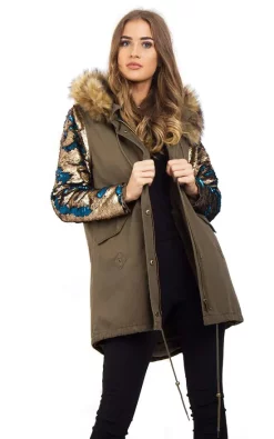 Coupon ???? LOES House Sequin Faux Fur Trim Parka Jacket ???? Coat In Khaki Green ????
