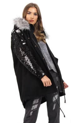 Top 10 ???? LOES House Sequin Faux Fur Trim Parka Jacket ???? Coat In Grey ✔️