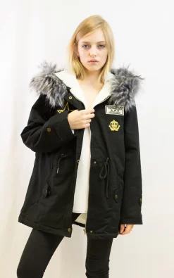 Deals ???? CY Boutique Parka ???? Coat With Faux Fur Trim Hood And Patches In Grey/Black ????
