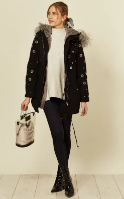 Top 10 ???? LOES House Black Eyelet Parka With Silver Grey Faux Fur ✔️